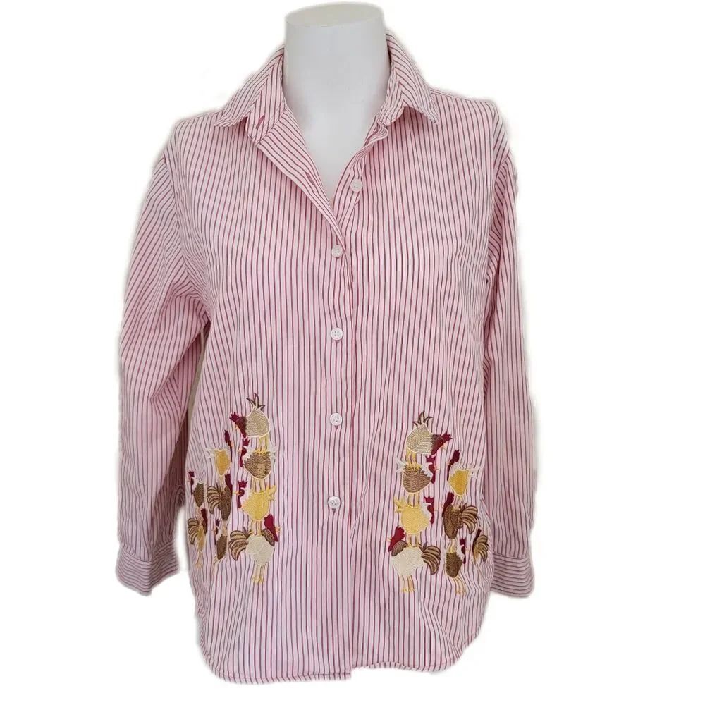 Bechamel petites Medium vintage chicken coop embroidered striped button up farm